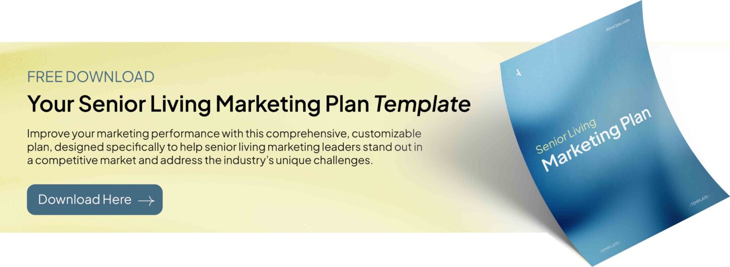 A screenshot of the front of the senior living marketing plan template with a graphical button for downloading and text on top.