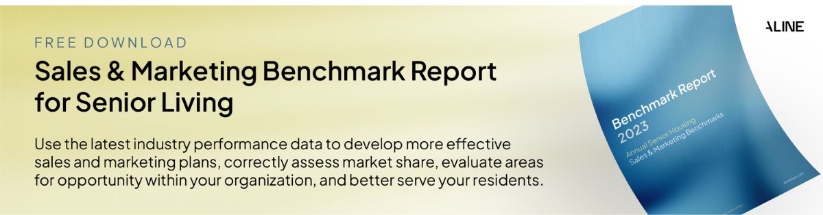 The front page of the Aline sales and marketing benchmark report with text to the side describing the report.