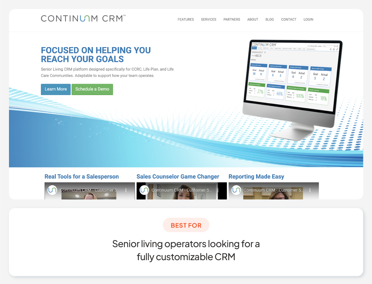 A screenshot of Continuum CRM’s homepage.