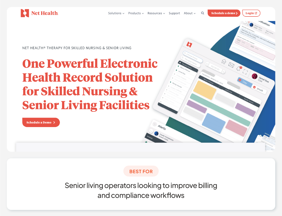 A screenshot of Net Health Therapy for Senior Living’s homepage.