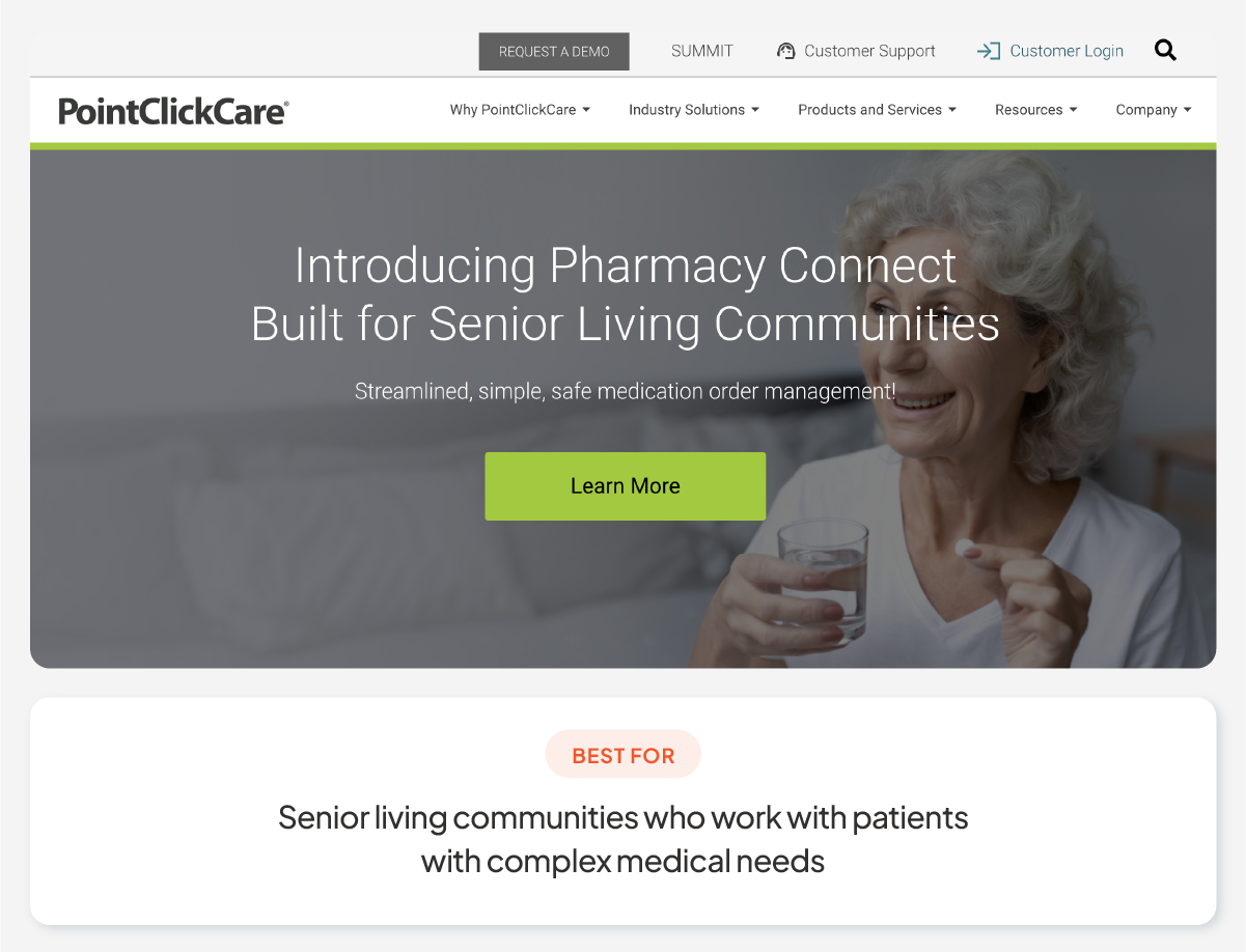 A screenshot of PointClickCare’s homepage.