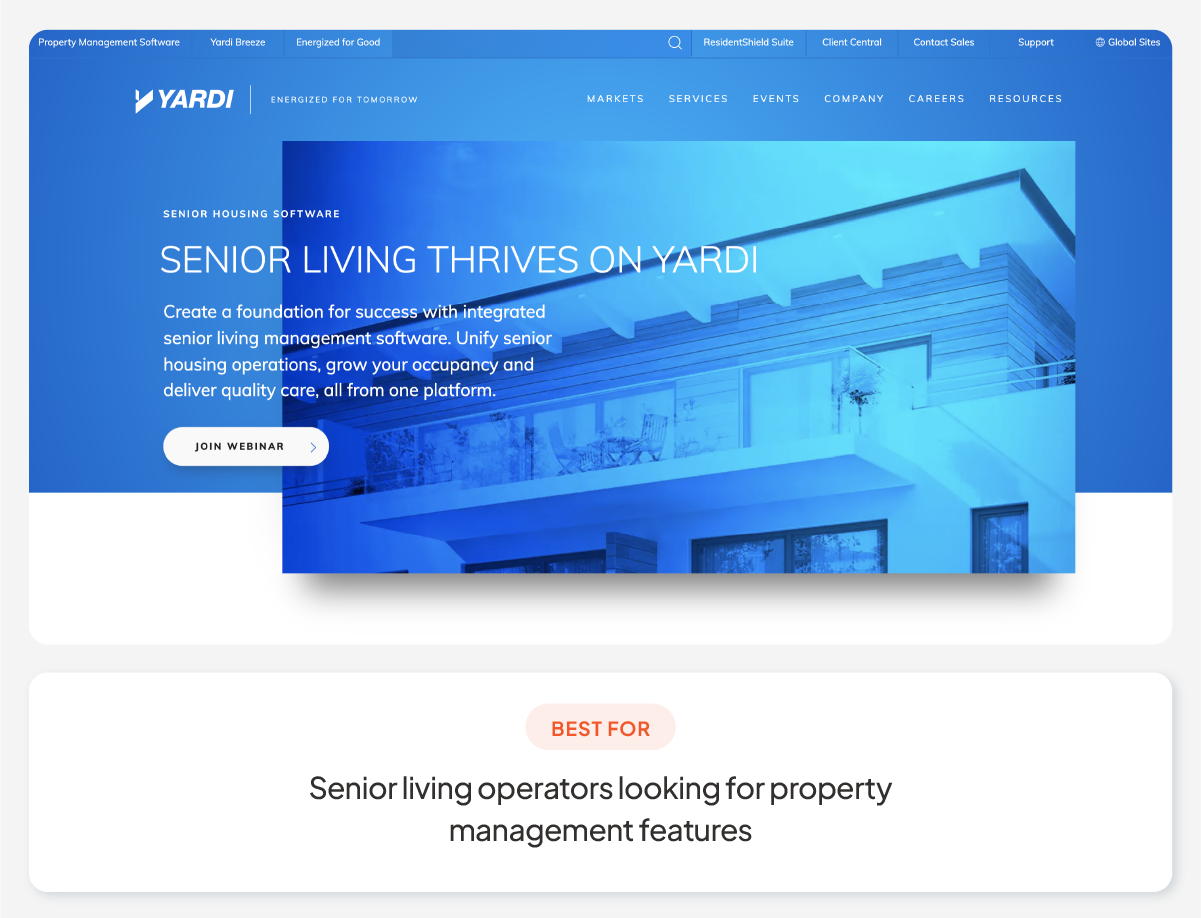A screenshot of Yardi Senior Living Suite’s homepage.