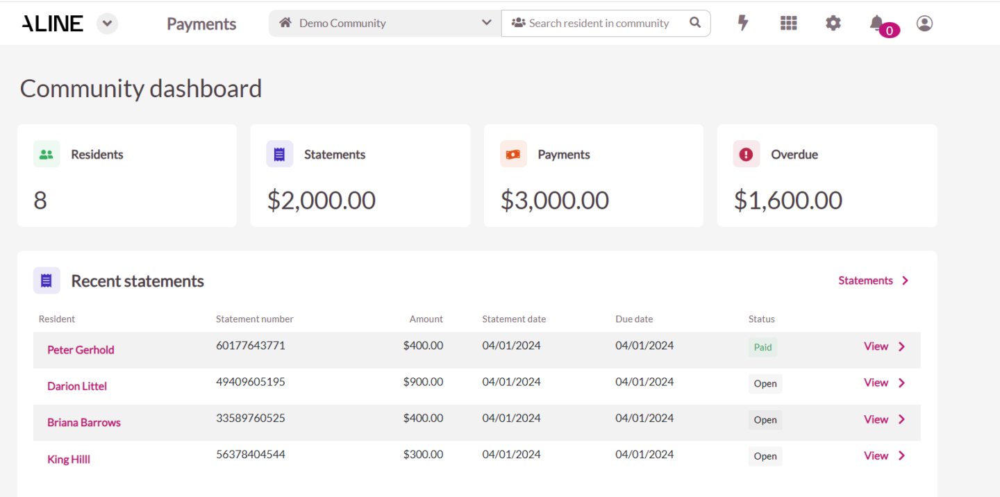 A community dashboard in senior living payment software that shows the payment status of residents.