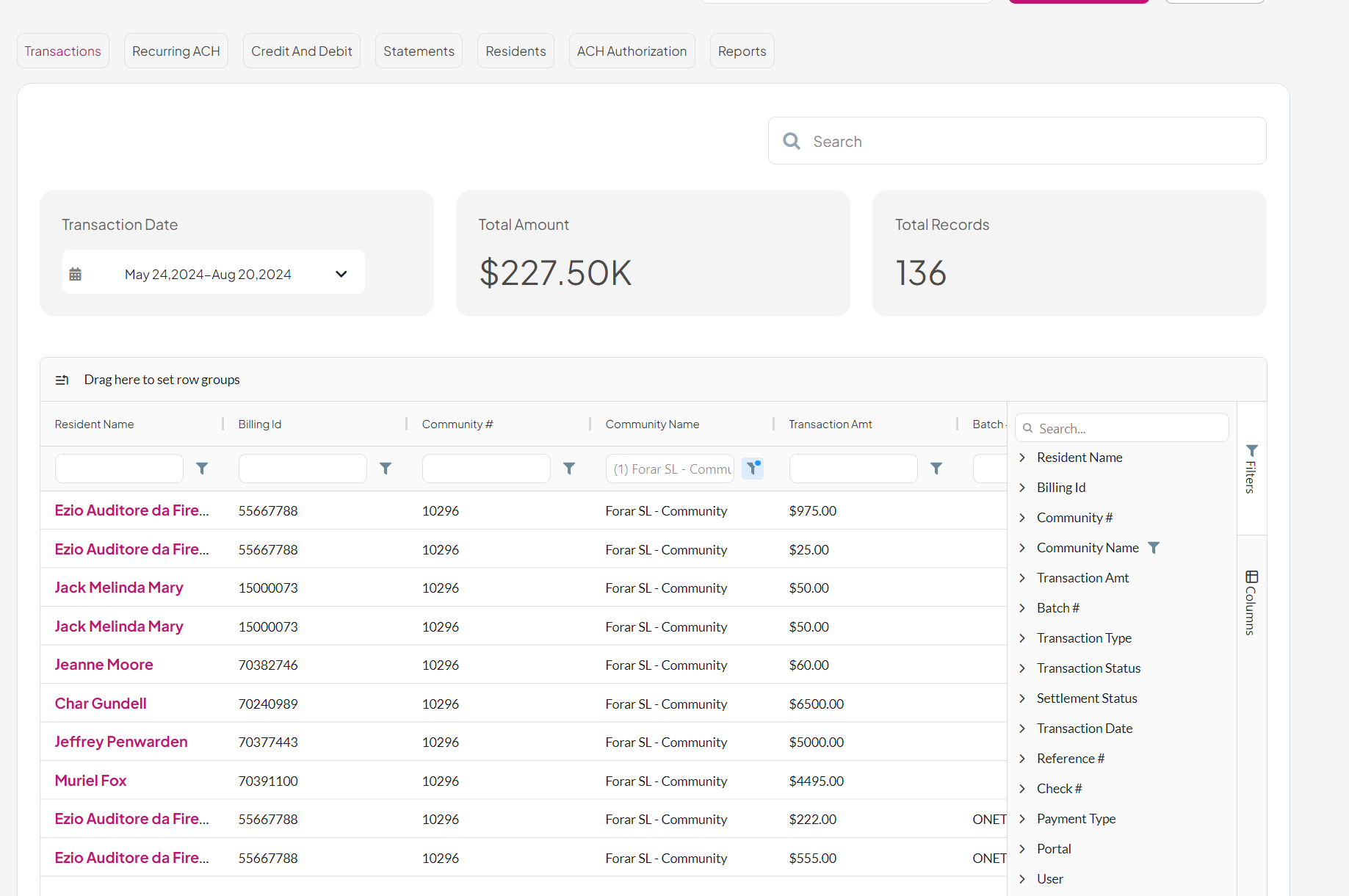 A screenshot of a transaction report for payment software for a senior living company.