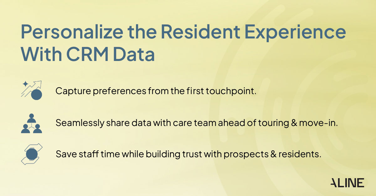 Text about how to personalize the living experience to increase resident retention and engagement for senior living with CRM data.