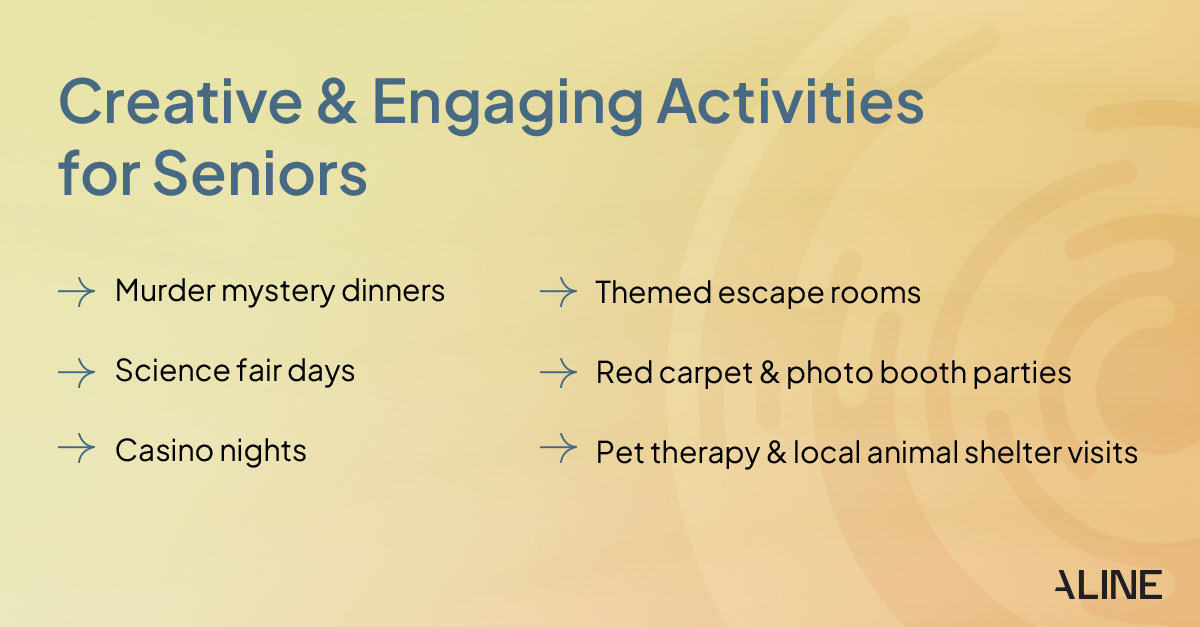 Text against a gold background with suggestions for creating engaging activities for a senior living community.