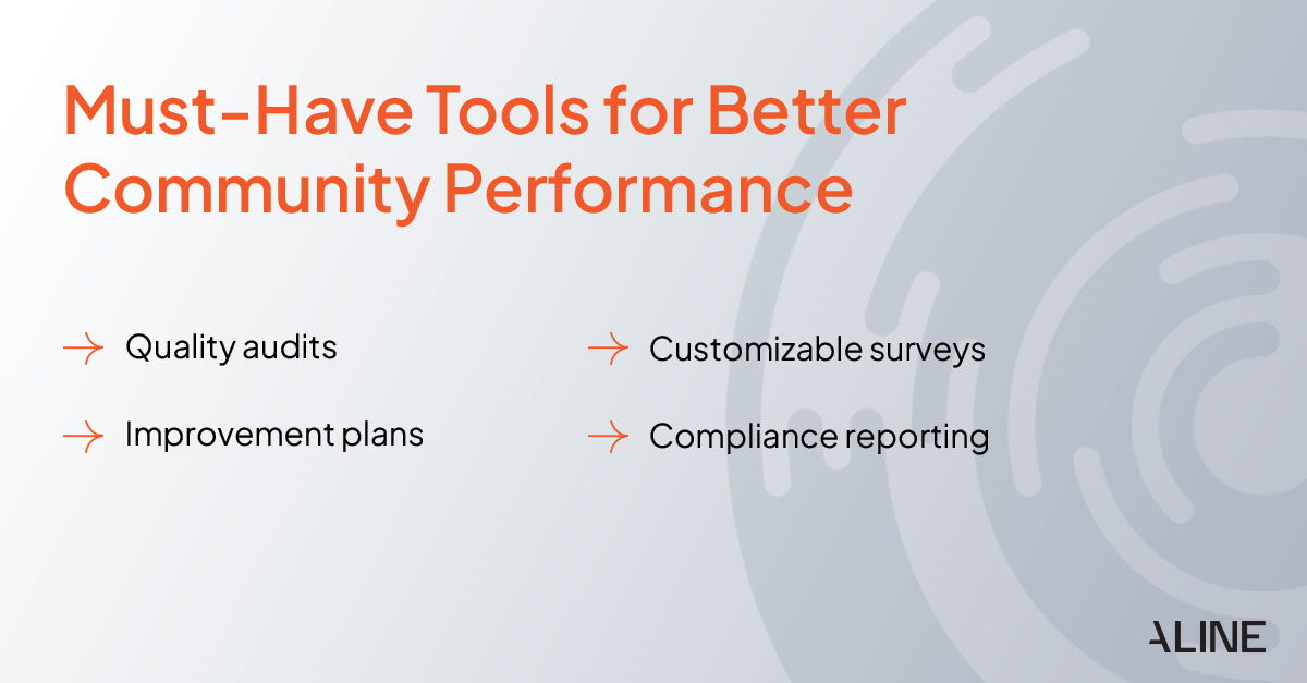 Text against a blue background with important tools for improving community performance to make residents happy and engaged.