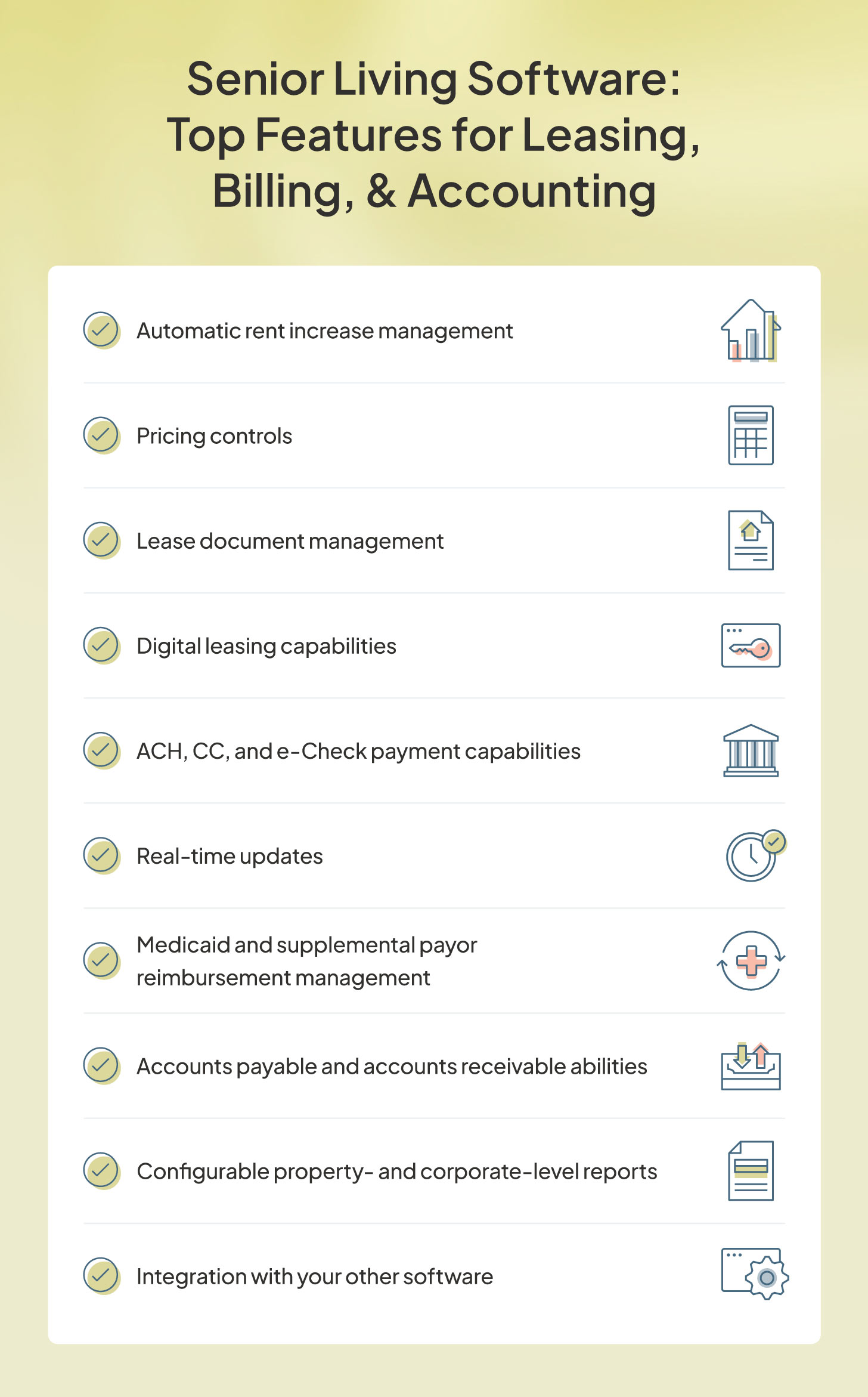 Features to look for in senior living leasing, billing, and accounting software.