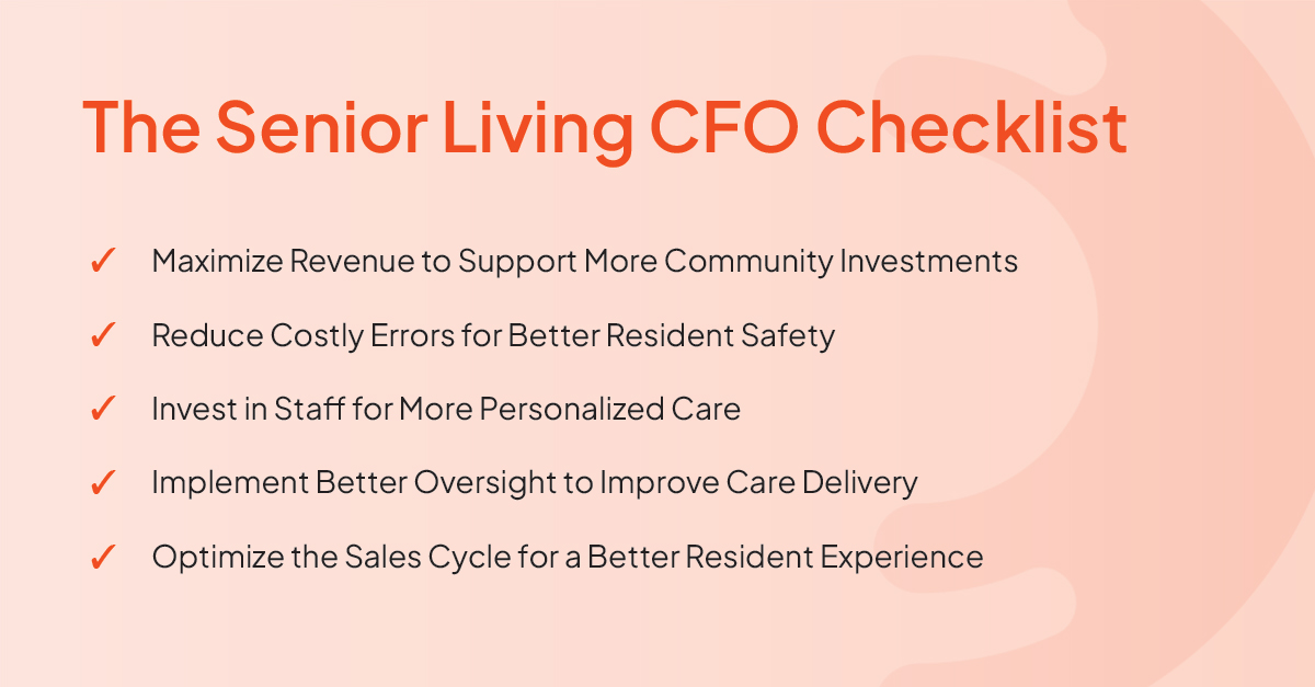 The five checklist items for a senior living CFO on a red-orange background with checkmarks by each item.