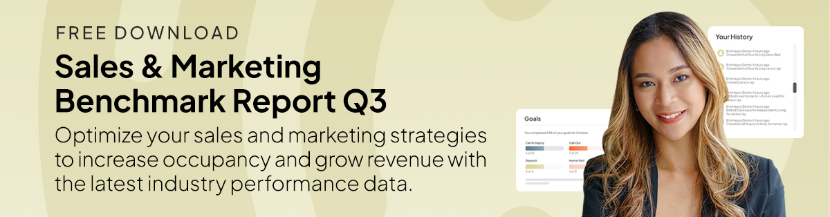 A senior living sales rep with software screenshots floating by her head and text to download the Aline Benchmark Report Q3.