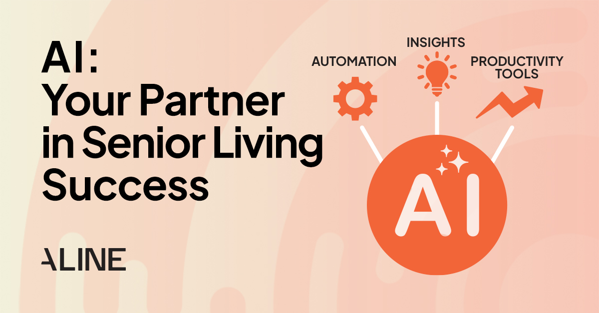 A graphic with AI at the center with spokes to automation, insights, and productivity tools to represent the benefit of adopting AI in senior living.