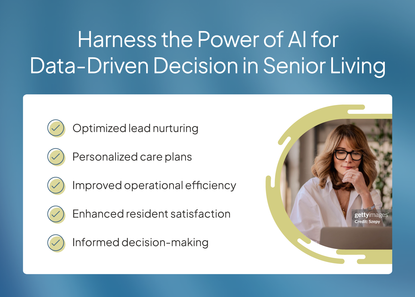 A chart with bullets showing the benefits of using AI for data-driven decision making in senior living.