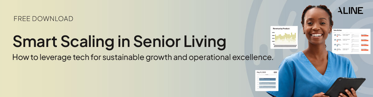 A senior living caregiver on the right holding an iPad to represent growth and scaling a senior living business with copy on the right to download the white paper.