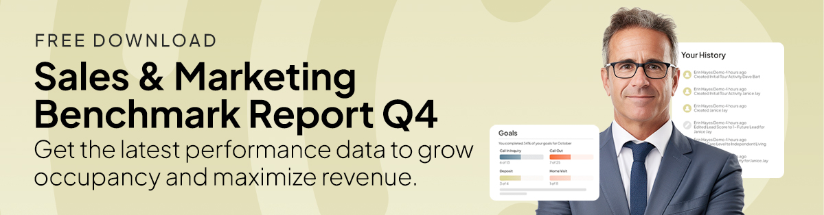 A senior living sales professional on the right with copy about the Aline Benchmark Report Q4 on the left.