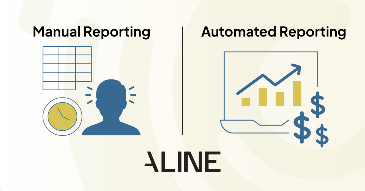 A graphic showing icons representing manual reporting being a pain and how automated reporting leads to growth.