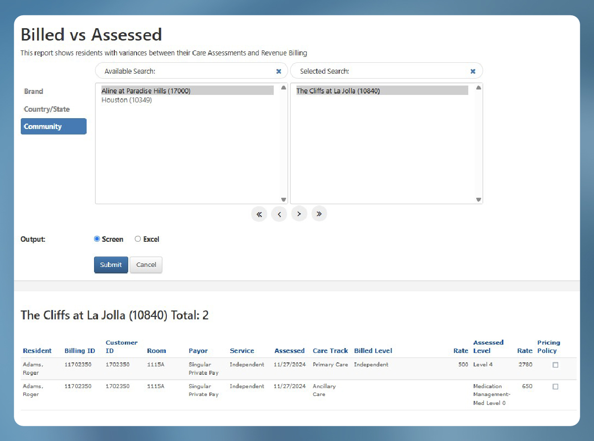 A screenshot of Aline’s Payments dashboard showing variances in care assessment and revenue billing.