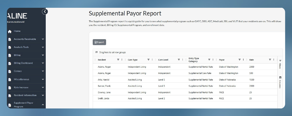 A screenshot of Aline’s Payments dashboard showing a supplemental payor report.