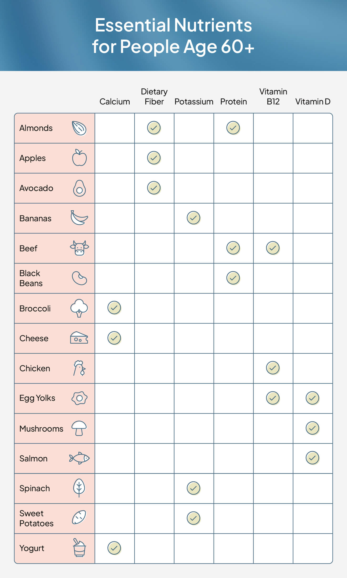 A graphic illustrates the essential nutrients for people aged 60+, along with the foods that contain them.