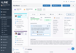 A screenshot of the dashboard of Aline CRM Complete for senior living sales and marketing professionals.